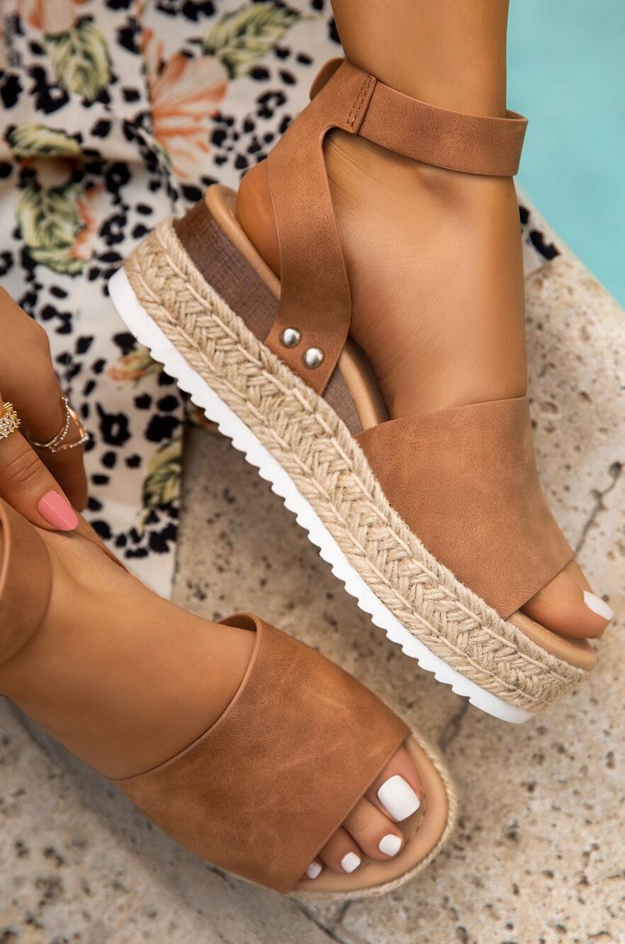 "Goldie" Tan Ankle Buckle Wedge Sandals
